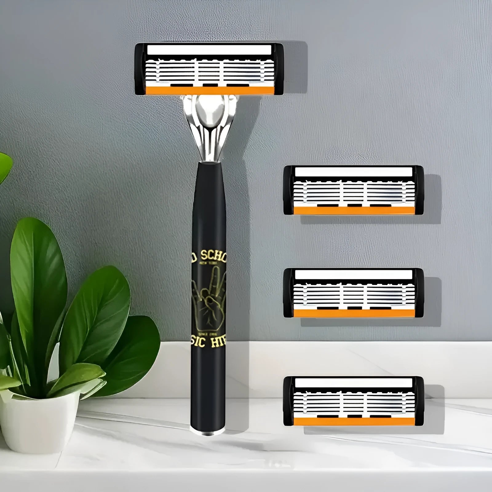 Black six-layer finger-type handle for a manual shaver cutter head with assorted blade rests.