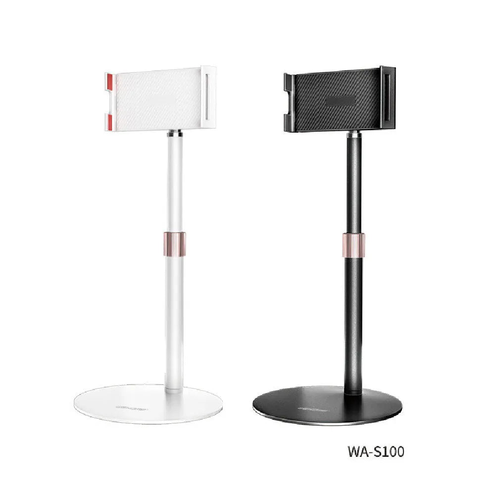 Black lifting metal bracket holding a tablet, extended to show 200mm height adjustment.