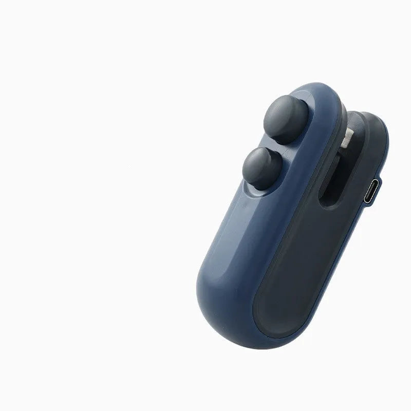 Blue and white handheld USB rechargeable heat sealer with built-in cutter for sealing food bags.