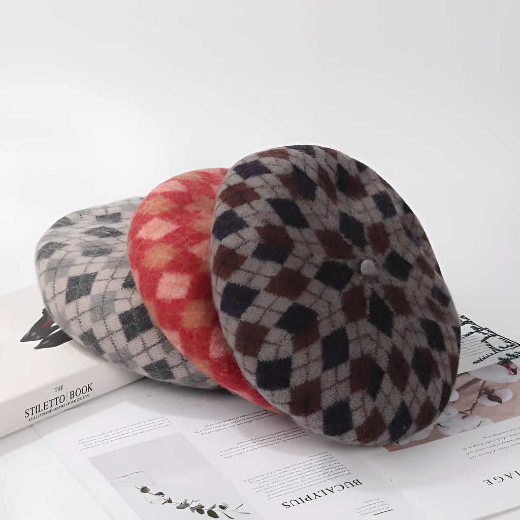 Wool plaid beret in blue light coffee plaid colour with tassel, dome crown, and adjustable fit for women autumn winter