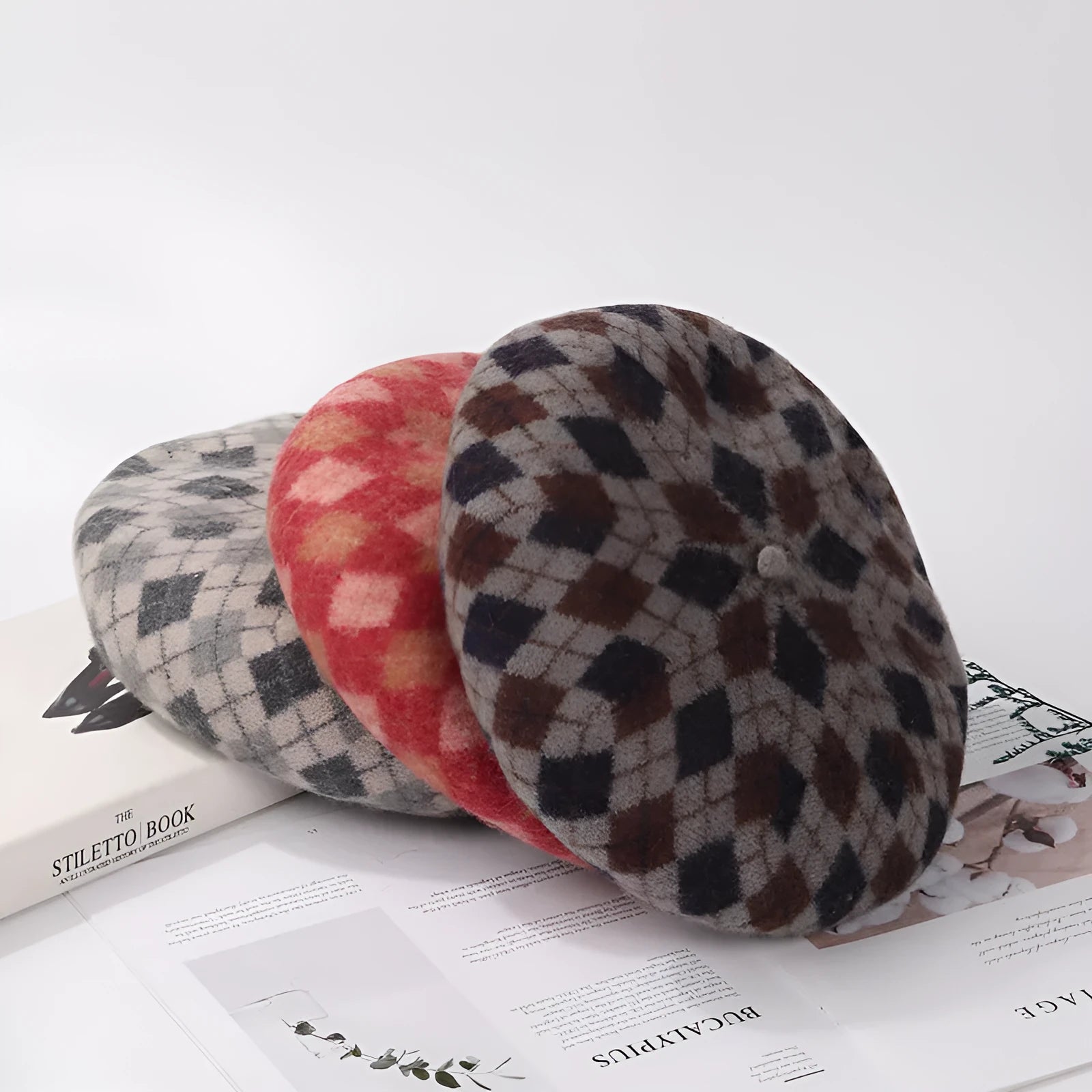Wool plaid beret in blue light coffee plaid colour with tassel, dome crown, and adjustable fit for women autumn winter