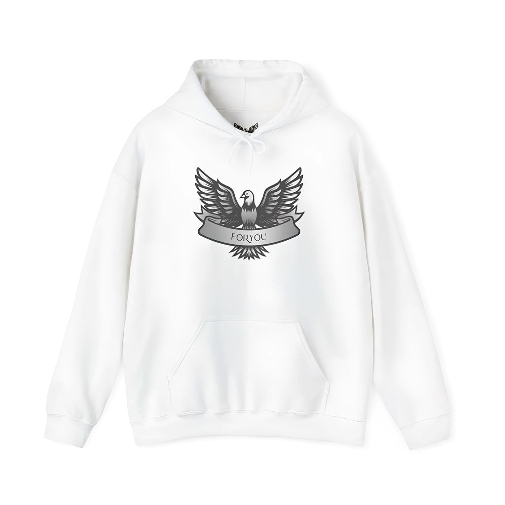White cotton blend pullover hoodie with hood and long sleeves on hanger