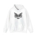 White cotton blend pullover hoodie with hood and long sleeves on hanger