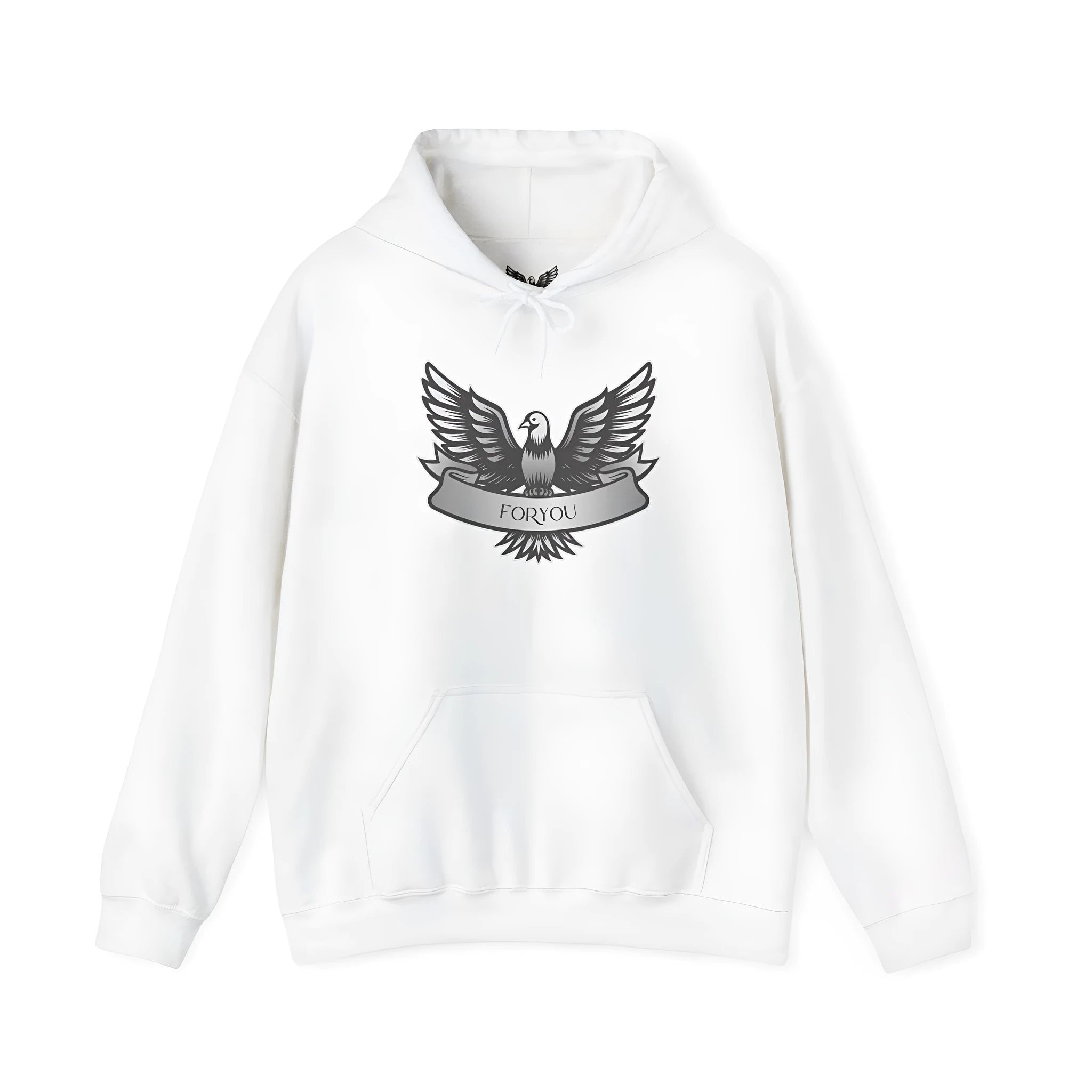 White cotton blend pullover hoodie with hood and long sleeves on hanger