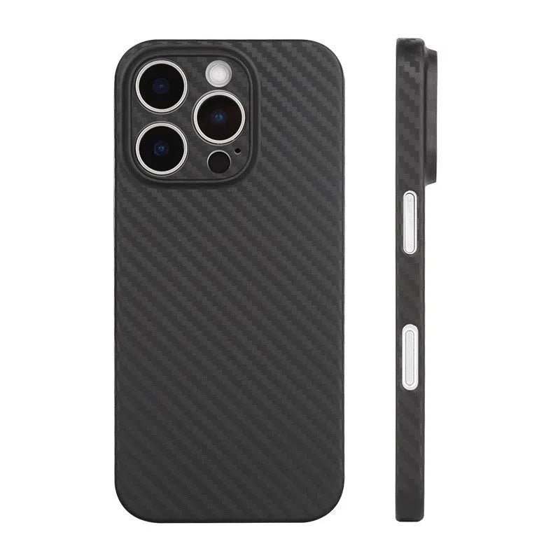 Kevlar carbon fibre texture PP phone case in Pure Black or Titanium Gray, minimalist back cover for iPhone