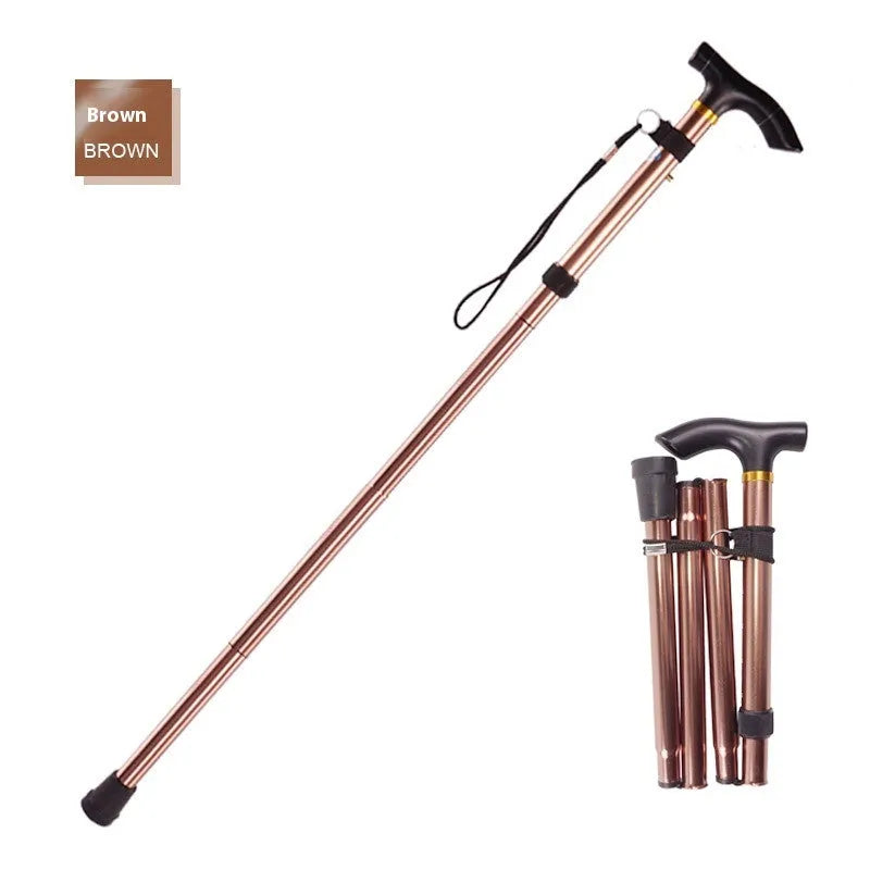 Aluminium alloy folding walking stick adjusted to mid-height, showing non-slip handle.
