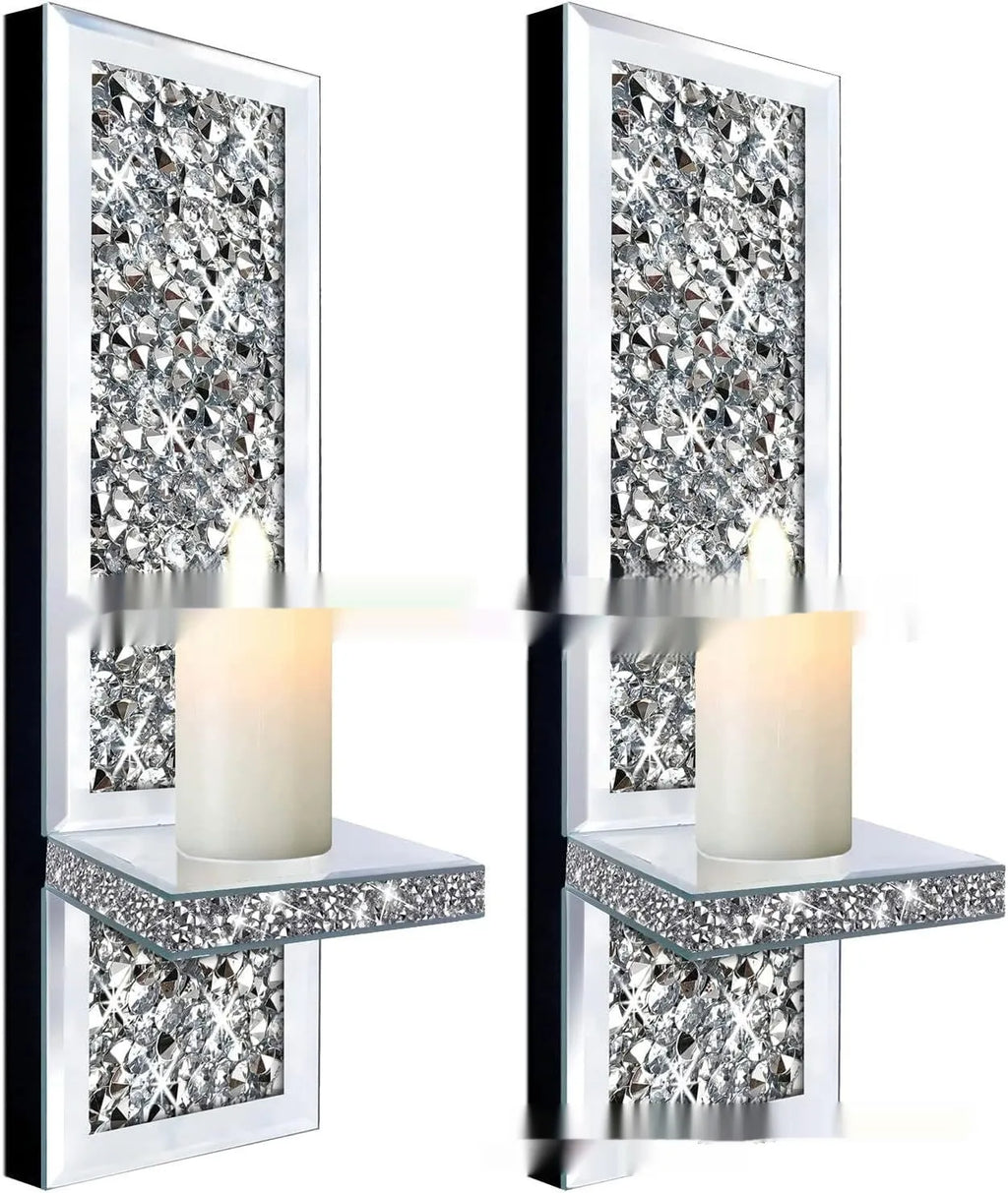 Silver mirror glass wall hanging candle holder set with crystal candlesticks measuring 10x11x38 cm