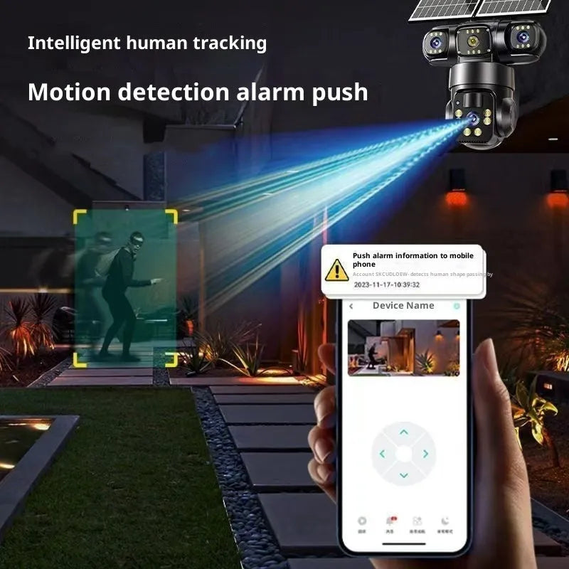 Three-lens solar PTZ security camera in black ABS housing with solar panel for outdoor full colour night vision surveillance