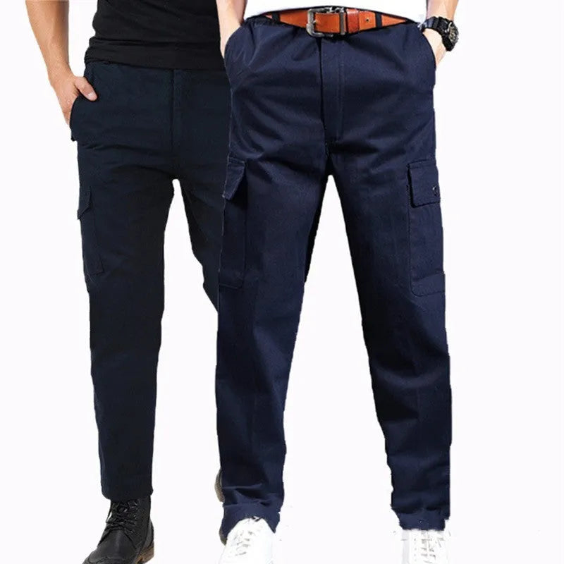 Men's cotton straight casual trousers in khaki, side view showing mid waist and straight leg cut