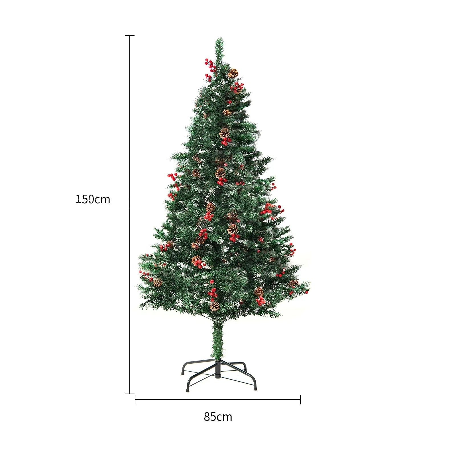 Green and white snow-covered artificial PVC Christmas tree with metal stand
