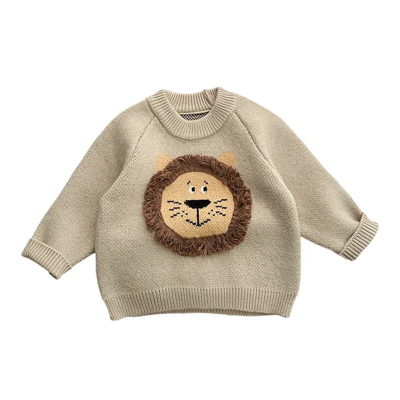 Boys' Korean style cartoon pullover sweater in khaki or gray, knitted acrylic, sizes 66-100cm