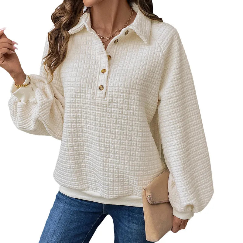 Women's polo collar thickened polyester sweater in solid colour with long sleeves