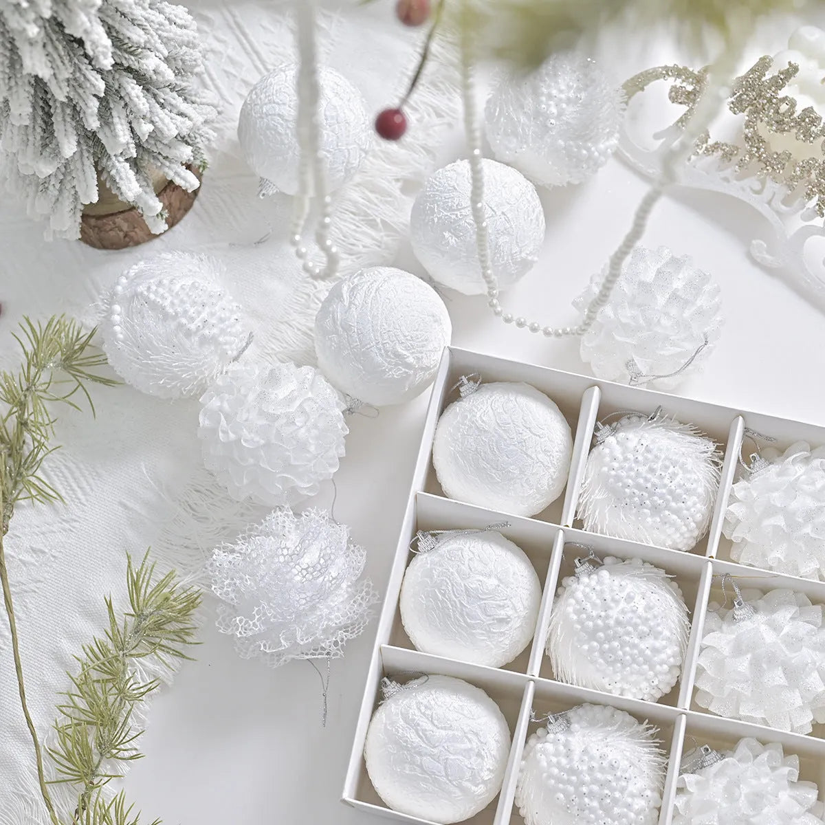 Lace glitter foam Christmas ball decorative pendant ornament in XM0171S colour on plastic base