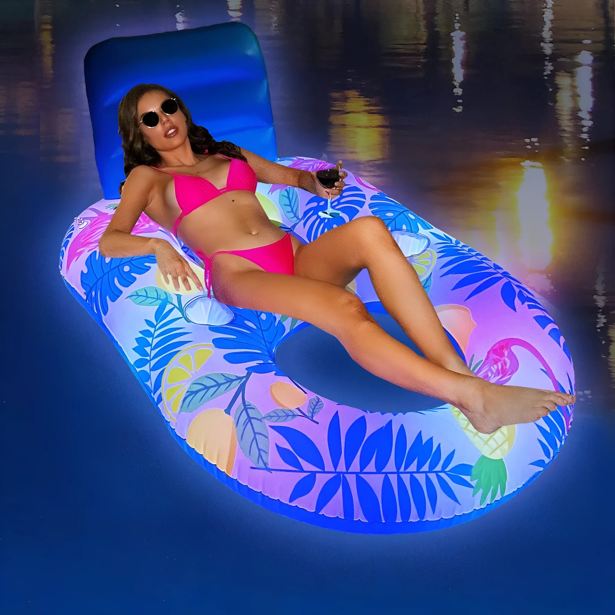 Inflatable white luminous floating bed with backrest on pool water, showing light feature and 140cm size.