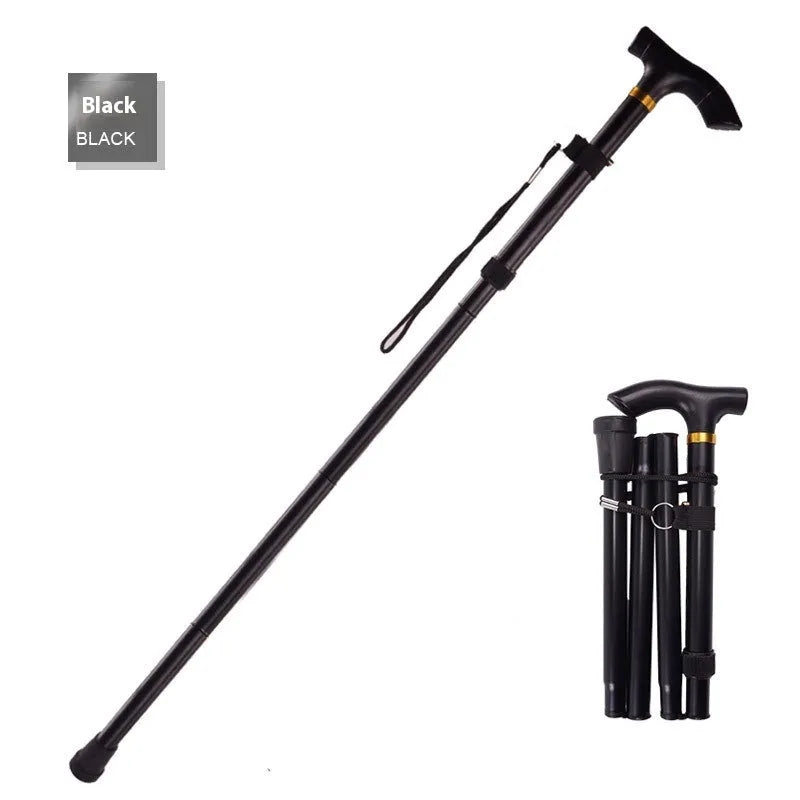 Aluminium alloy folding walking stick adjusted to mid-height, showing non-slip handle.