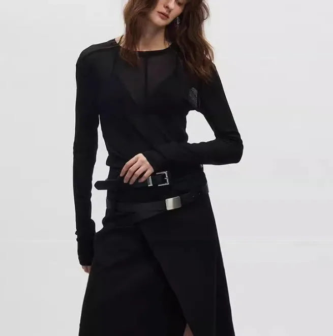 Black mesh see-through texture slim-fit long sleeve PU pullover top with round collar.