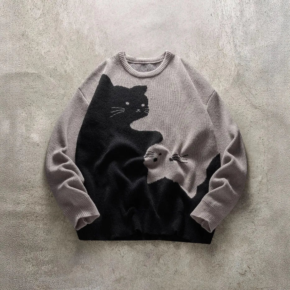 Men's cat pattern round neck knitted sweater in black, pullover style with jacquard design