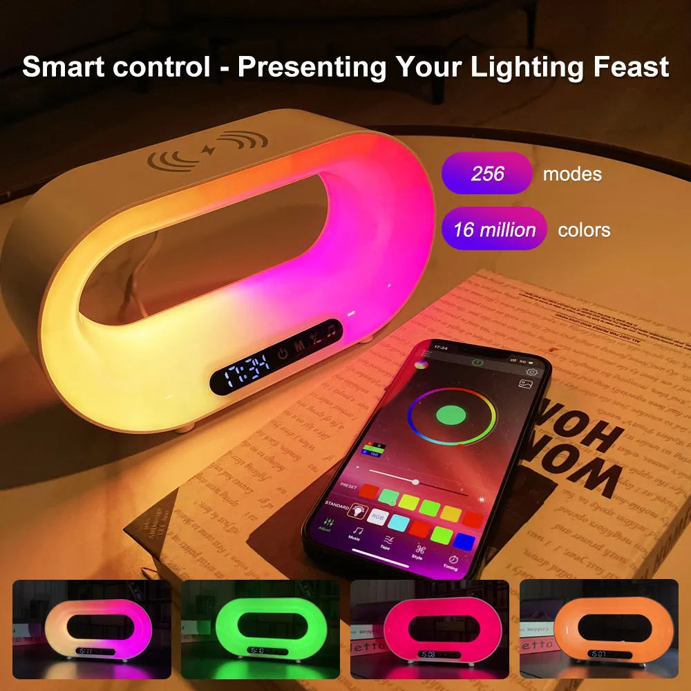 White smart desk lamp with central wireless charging pad and surrounding RGB LED light strip