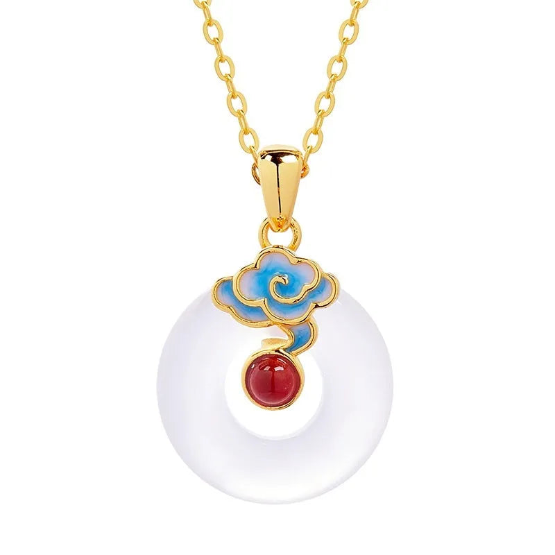 925 silver cold enamel red agate white chalcedony safety buckle pendant clavicle chain necklace on white background