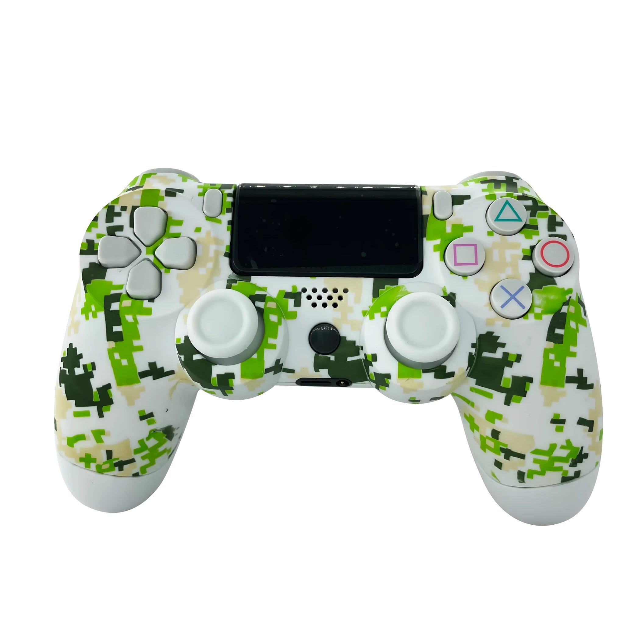 Green PS4 wireless Bluetooth controller with vibration and light bar on white background