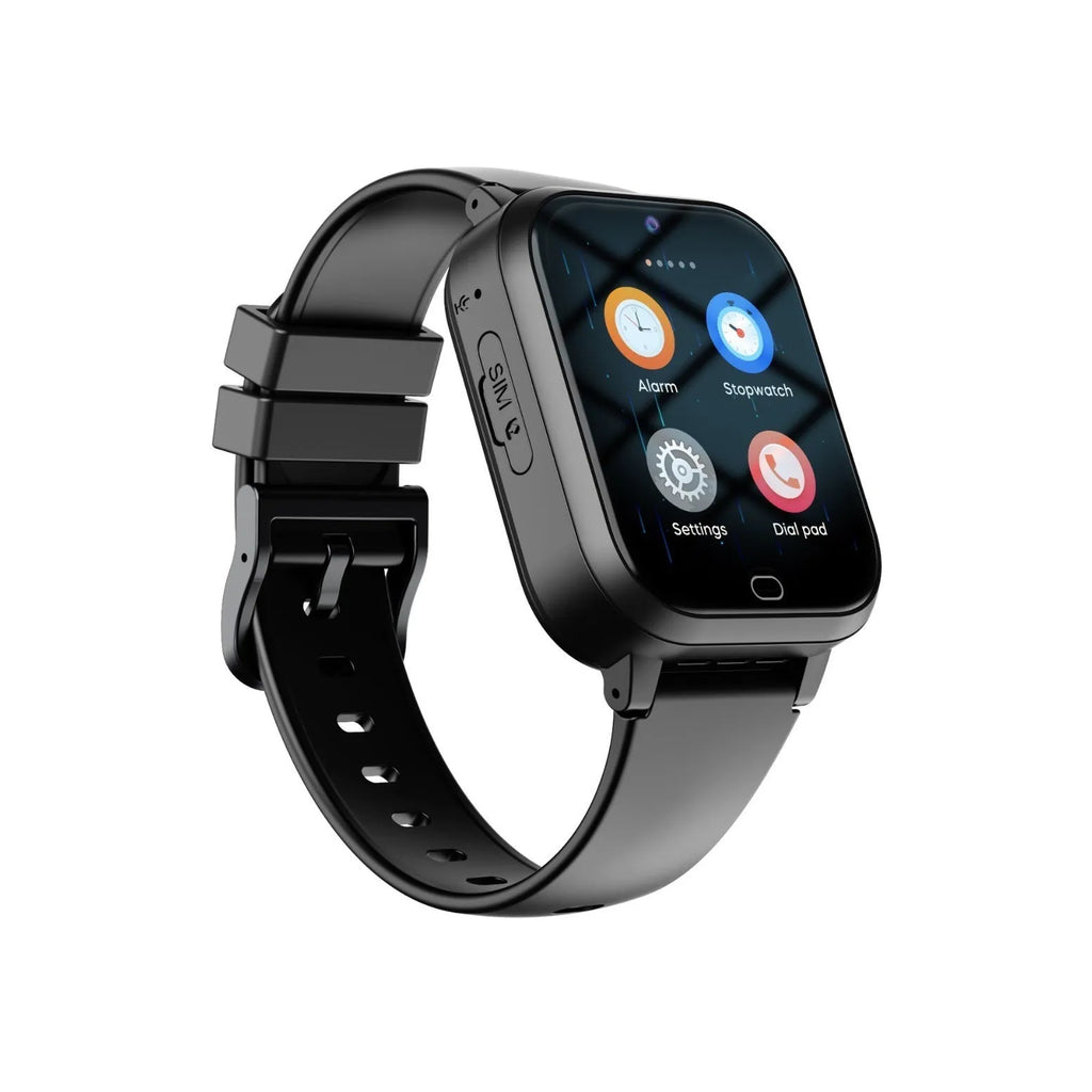 Child smart watch phone in black, blue, and pink colours with 1.83-inch screen and wrist strap