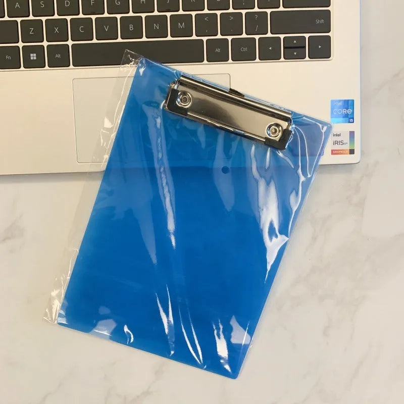 Clear plastic A4 plate holder with metal clip showing document inside, available in blue, green, red and white colours