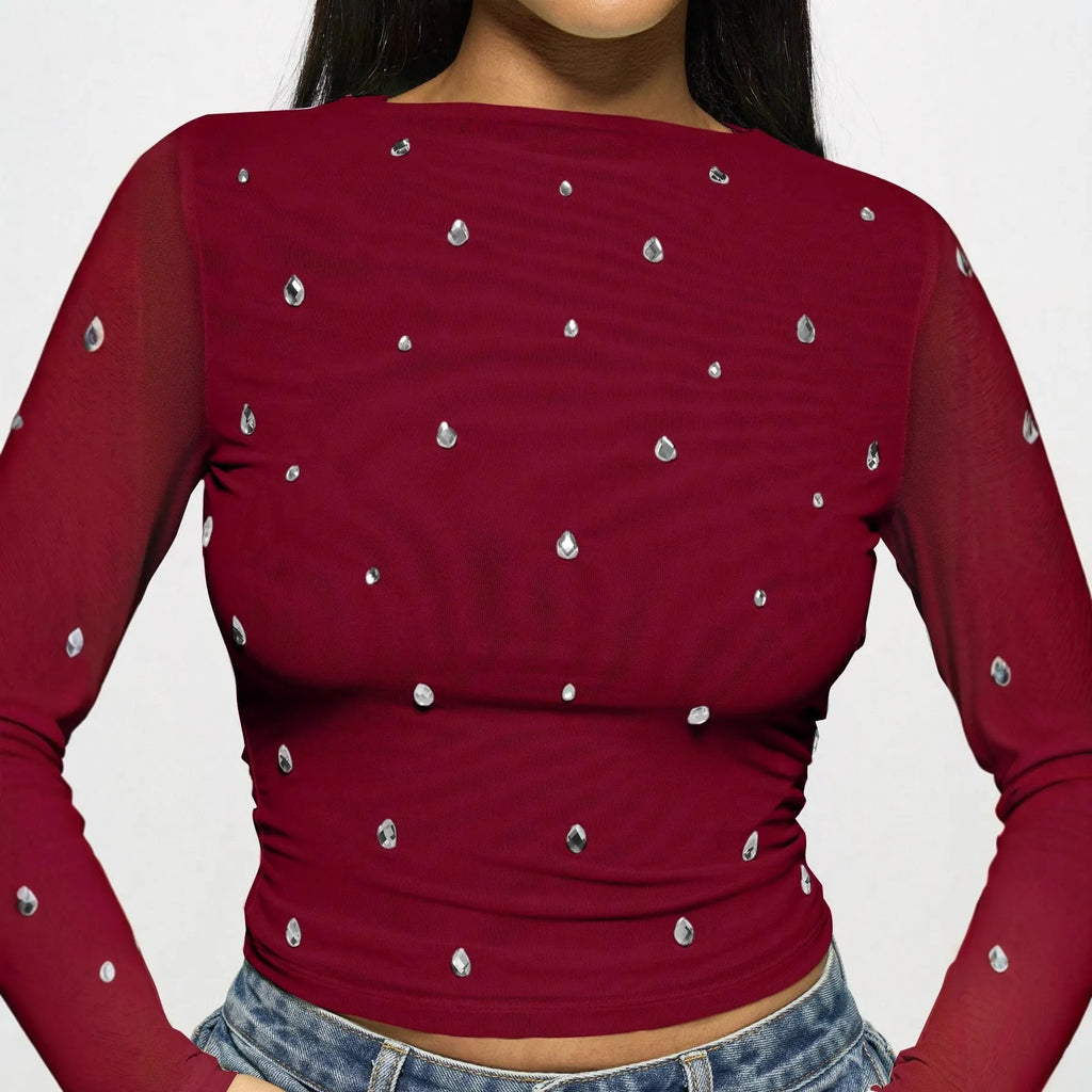 Women's long sleeve double-layer mesh top with rhinestone detailing in wine red, front view