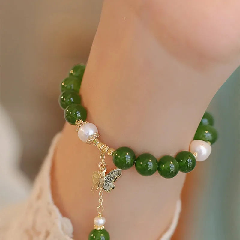 Green chalcedony geometric round bracelet for women with manual craftsmanship