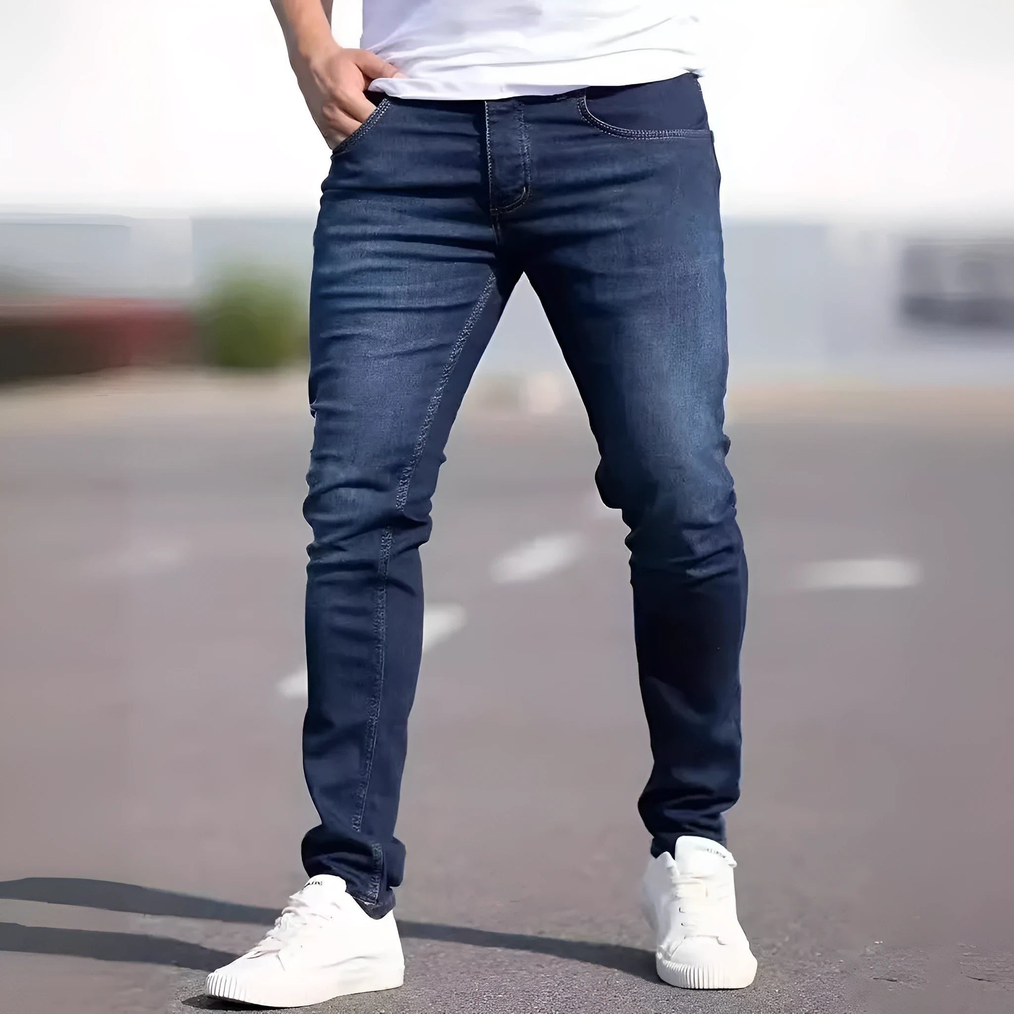 Men's dark blue slim-fit skinny jeans on a hanger, showing mid-waist and zipper fly detail.