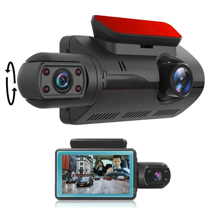 Black 3-inch dual lens car driving recorder with motion detection and WiFi