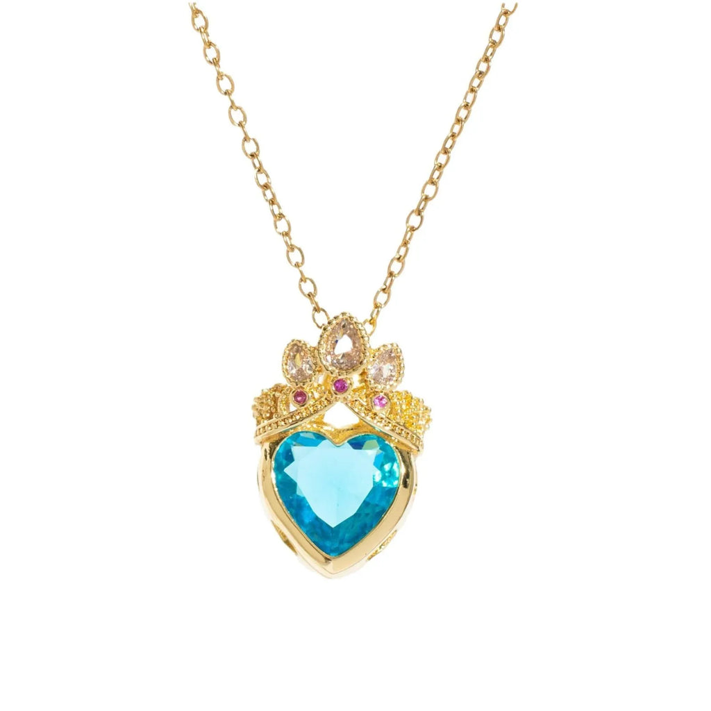Crown and heart shaped zircon pendant necklace in Blue Gold on adjustable copper O-ring chain