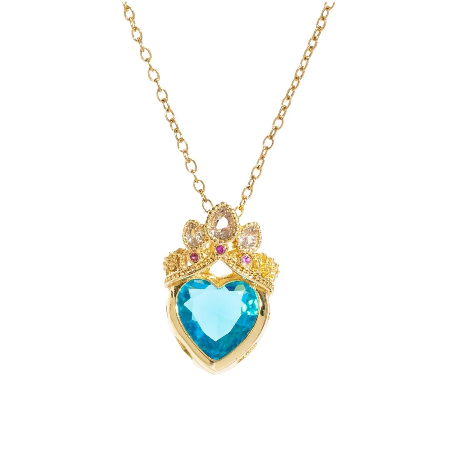 Crown and heart shaped zircon pendant necklace in Blue Gold on adjustable copper O-ring chain