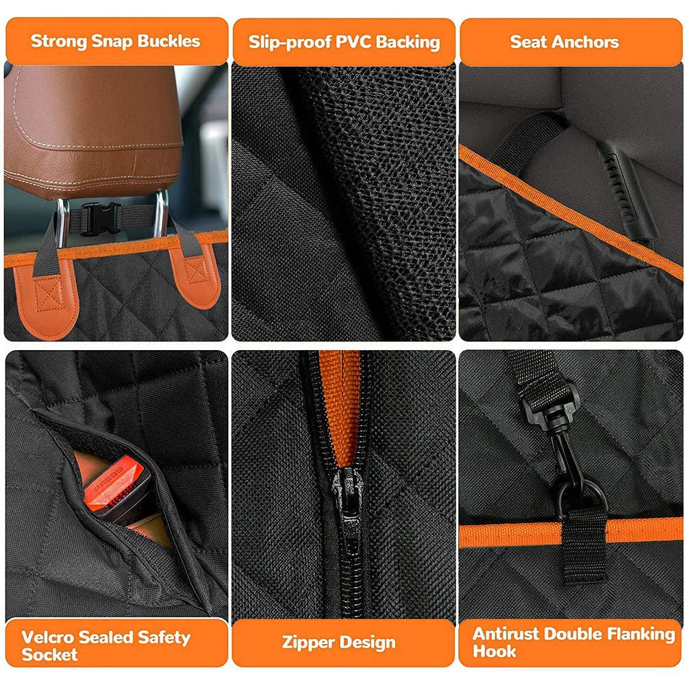 Black waterproof pet mat for car rear seats with orange trim, shown laid flat on a seat