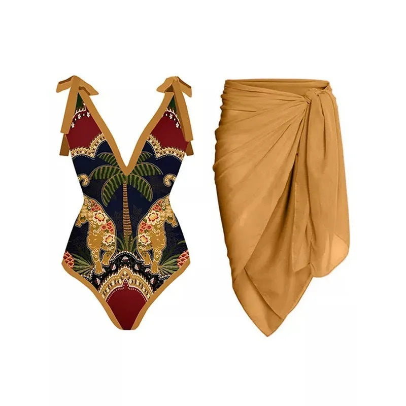 Women's solid colour one-piece swimsuit with spaghetti straps and a separate skirt.