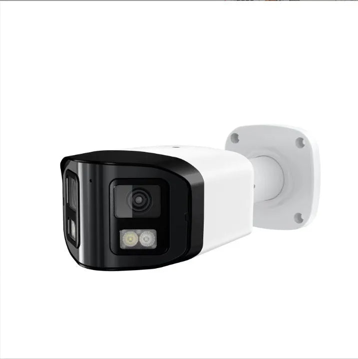 4MP dual-lens IP66 waterproof security camera with compact design for POE network installation.