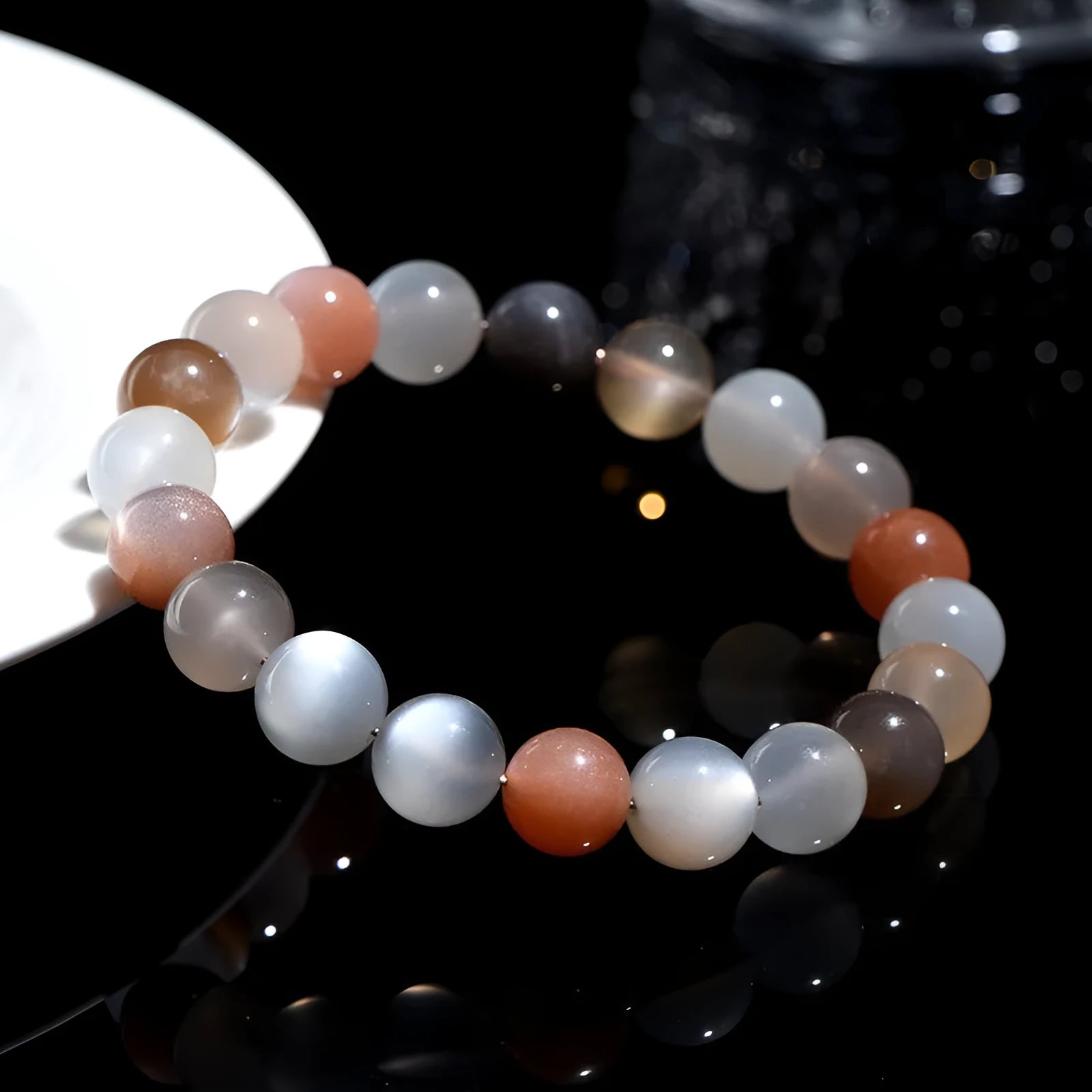 Natural colourful moonstone unisex bracelet with 8mm beads in a single circle.
