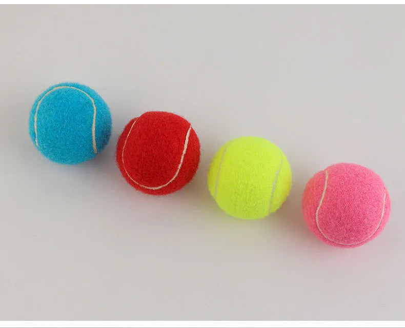 Rubber dog tennis ball toy in five colours: blue, green, pink, orange, and red