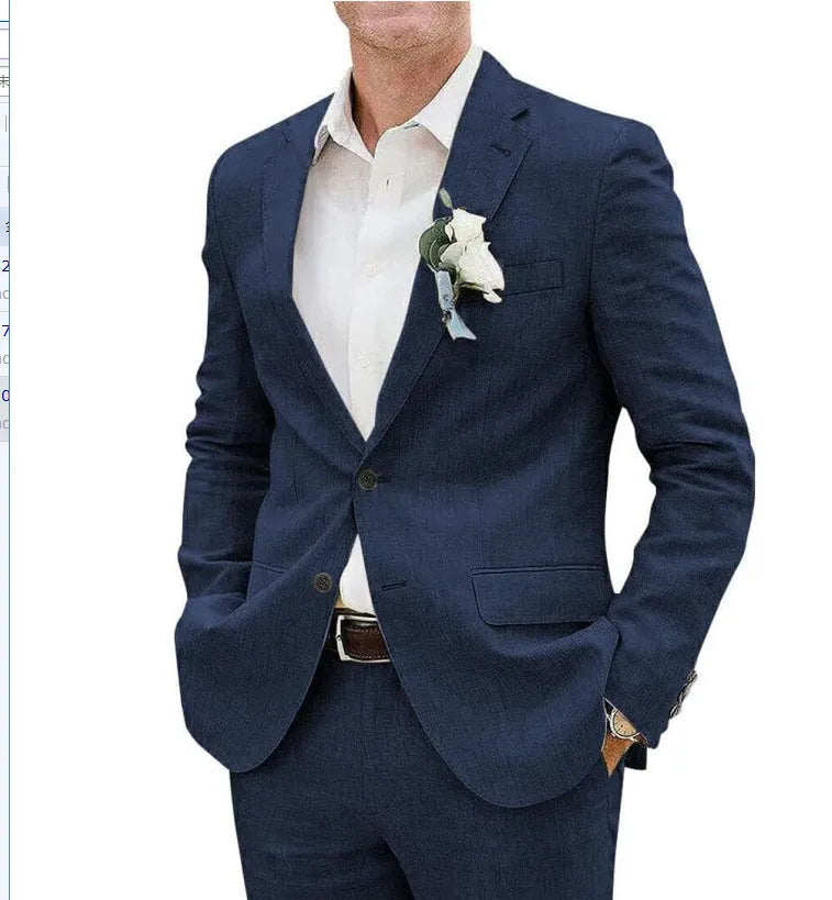 Men's linen blend two-piece suit in beige slim fit jacket and trousers