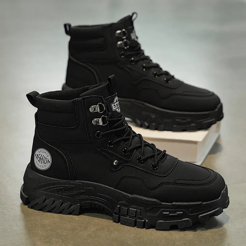 Men's black and yellow Martin boots with artificial PU upper and mid-heel design