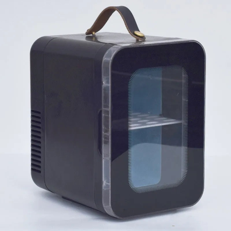 Car mini refrigerator with transparent door showing hot and cold dual-use function in black, pink or white colour options