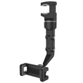 Universal car rearview mirror phone clip in black attached to a mirror, with a smartphone inserted for hands-free use