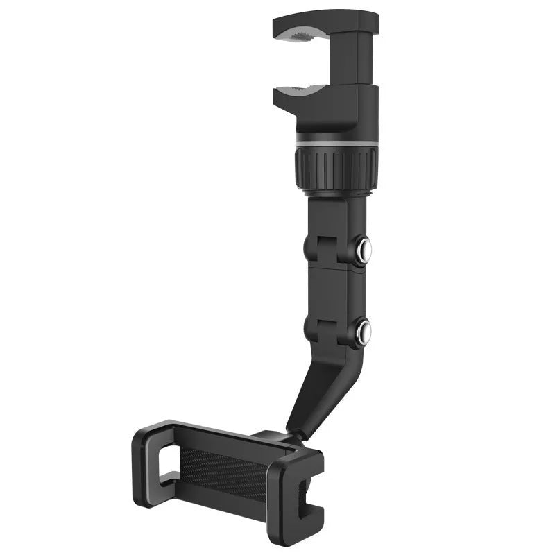 Universal car rearview mirror phone clip in black attached to a mirror, with a smartphone inserted for hands-free use