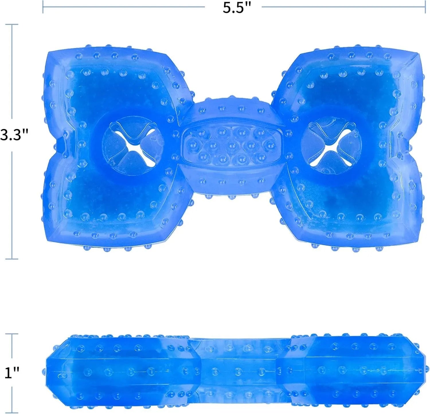 Blue freezable dog chew toy in bone and circle shapes for teething and cooling relief.