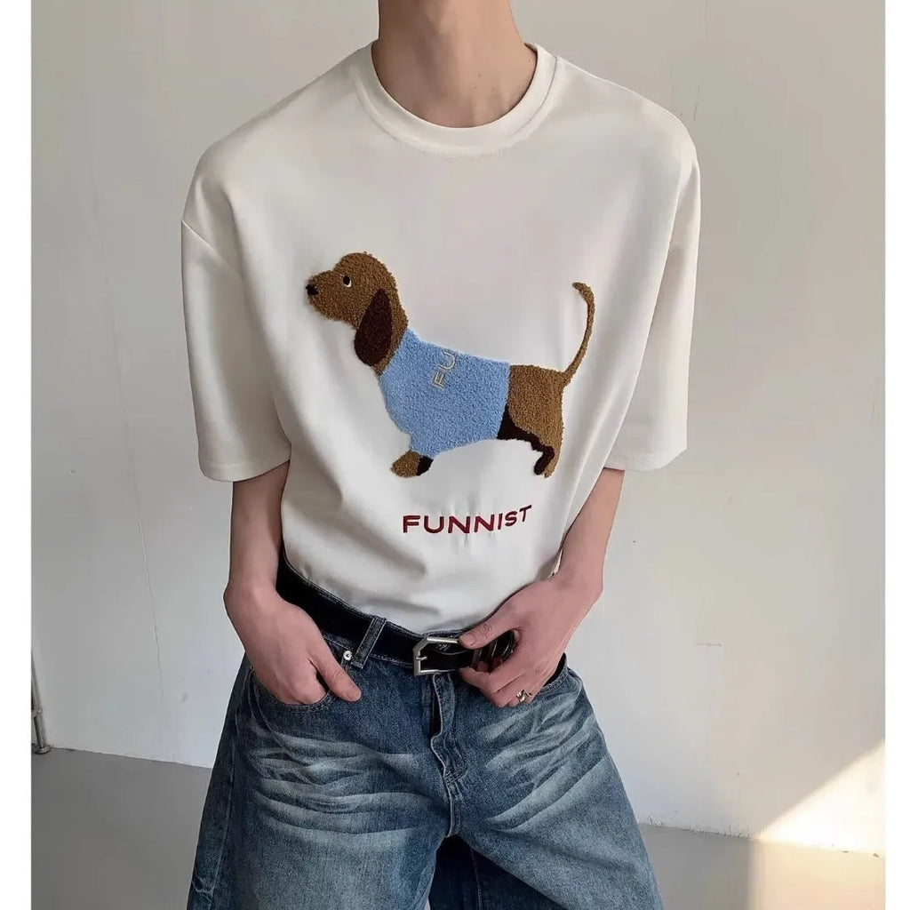 Men's grey cotton T-shirt with an embroidered brown sausage dog design on the front.