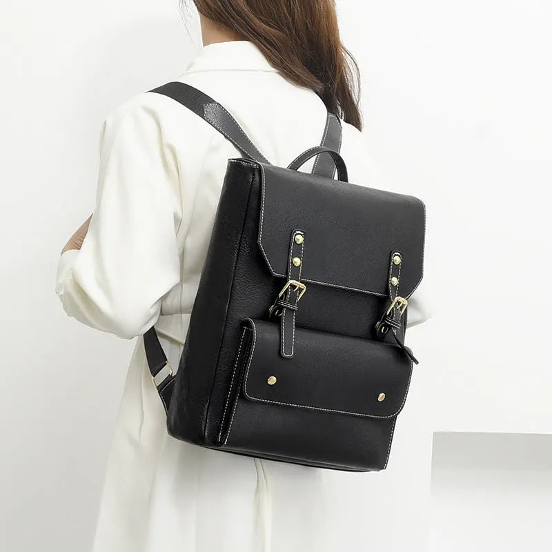 Korean retro style backpack in soft PU material with vintage design details