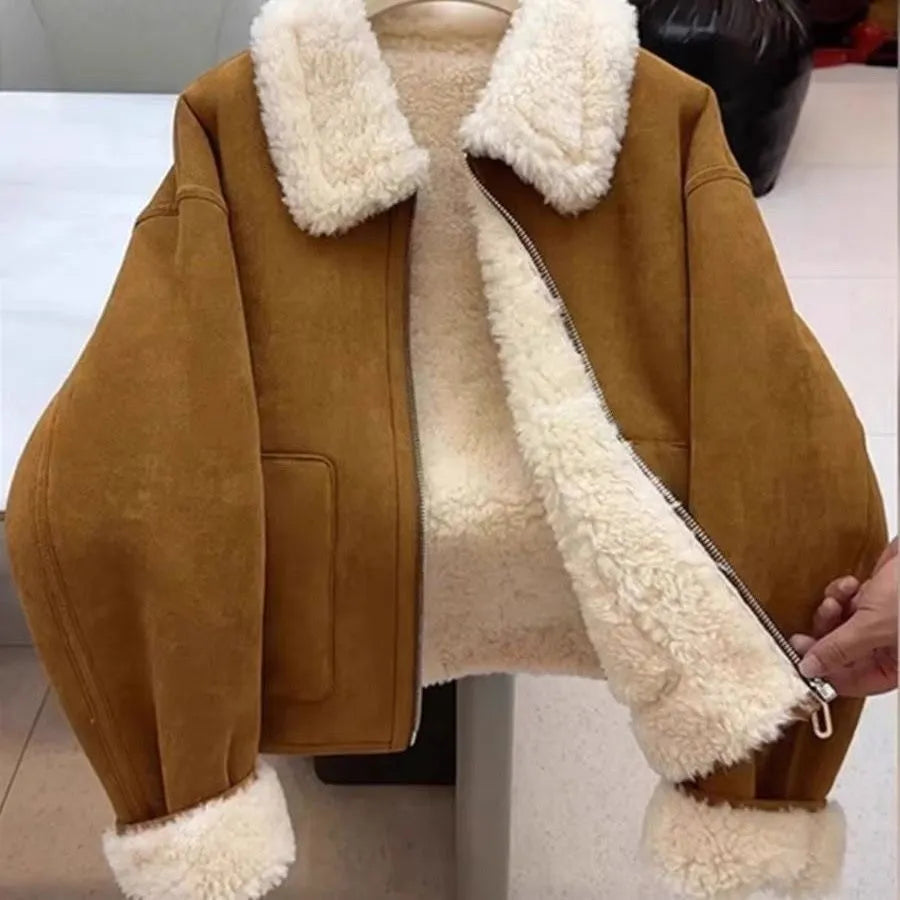 Warm thickened imitation lamb wool deerskin velvet leather jacket for women with faux fur collar and pockets in brown