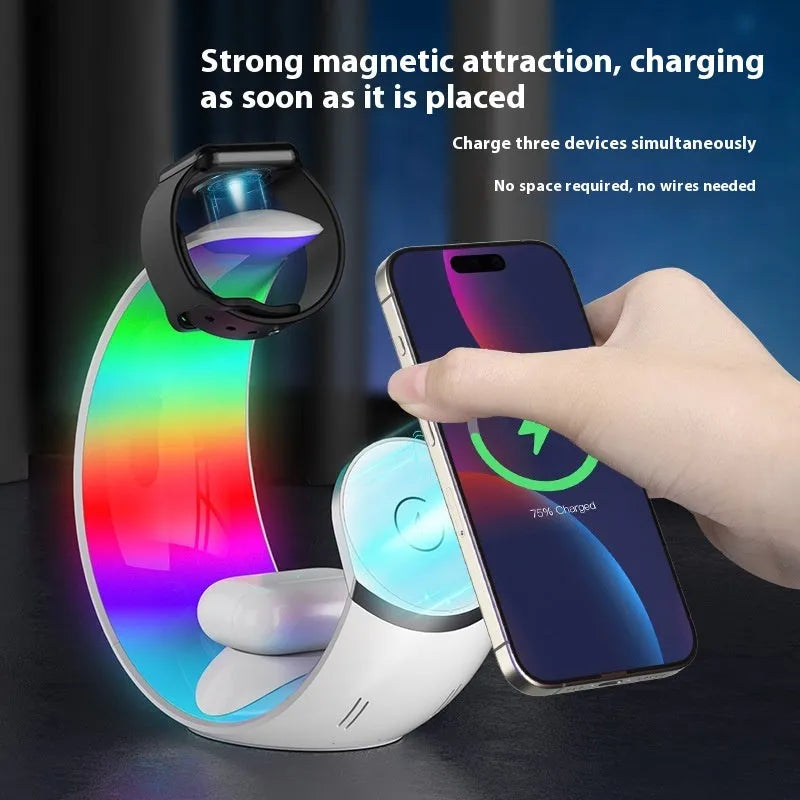 White wireless ambience light and 18W QC3.0 fast charger for bedside use with mobile phone
