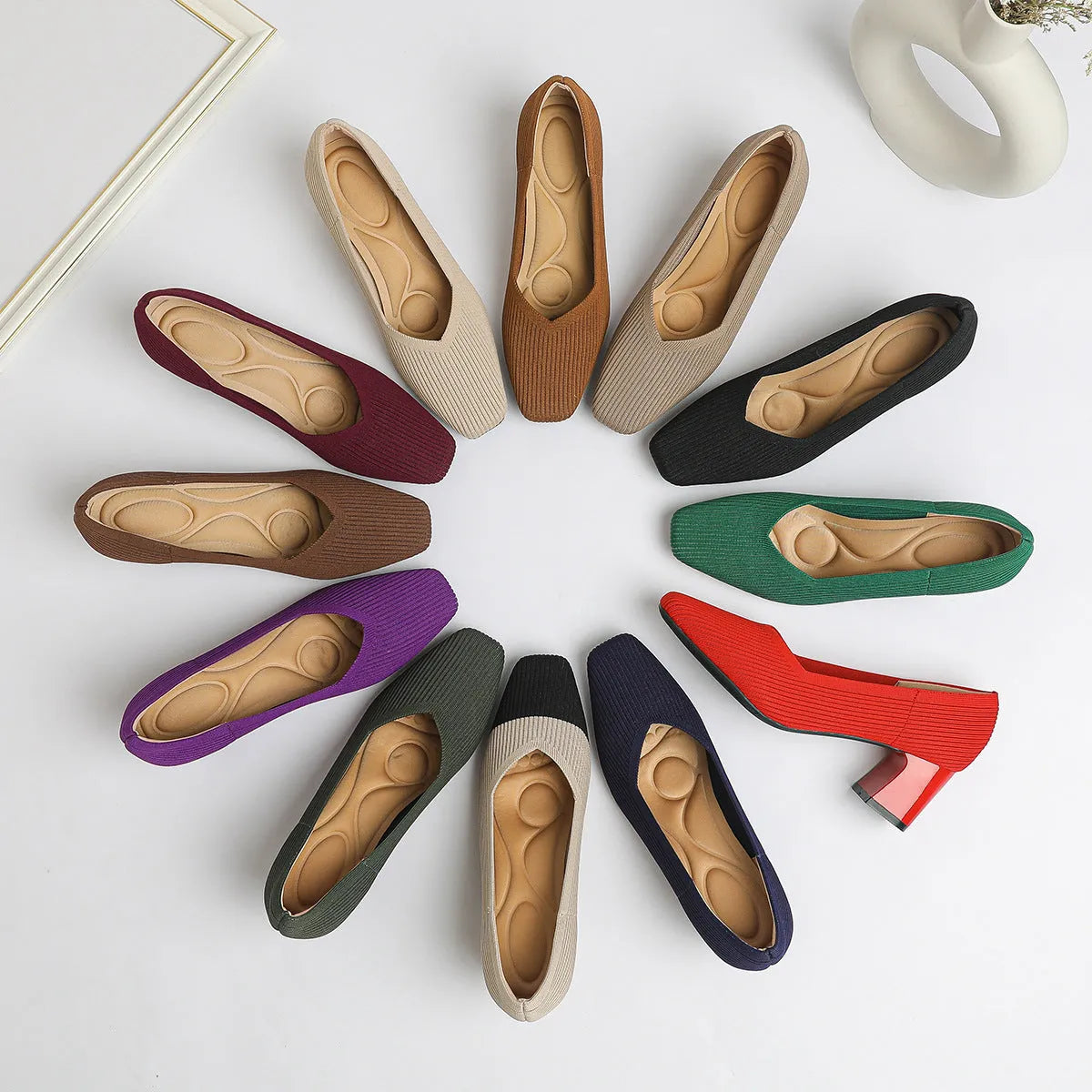 Women's thick head stiletto knitted shoes with block heel, square toe, and mid-heel height, available in multiple colours
