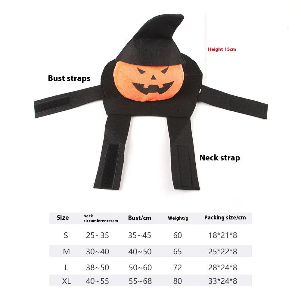 Orange and white Halloween dog costume depicting a pumpkin ghost on a small dog.