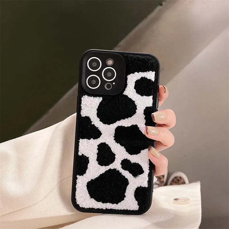 Towel embroidered black cow pattern plush back cover phone case for iPhone, Japanese Korean style